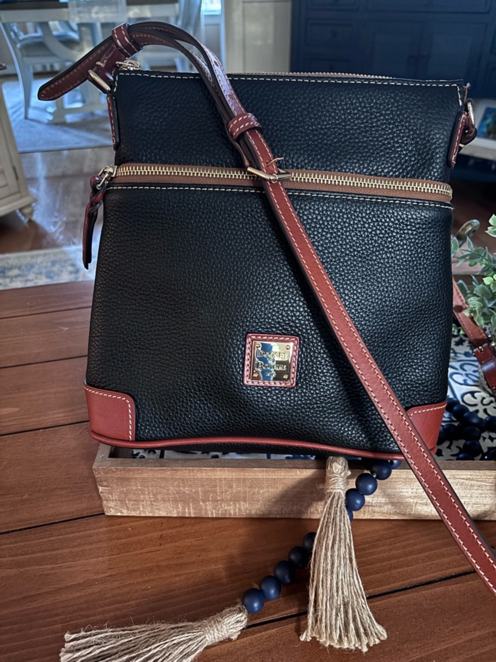 Dooney & Bourke Black Pebbled Leather Crossbody with Brown Trim